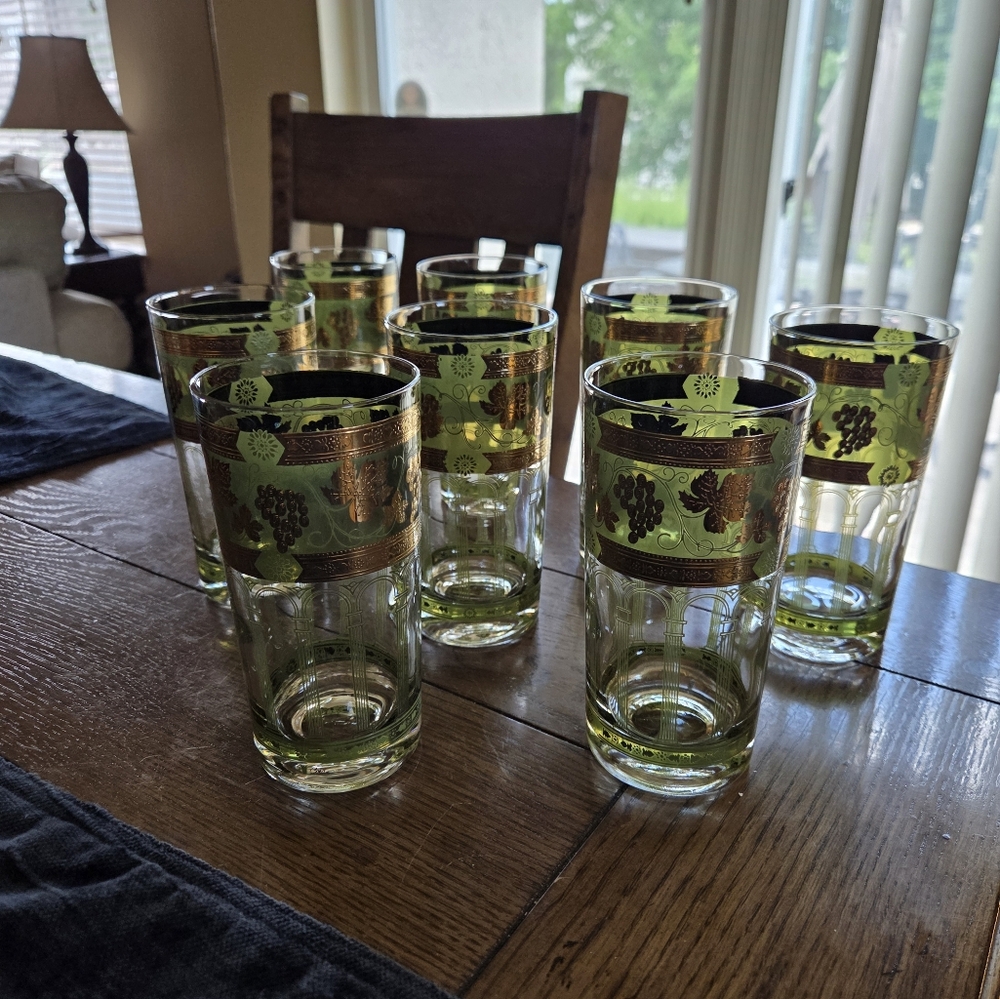 Mid Century Cera Golden Grapes 12oz Highball Glasses Set Of 8